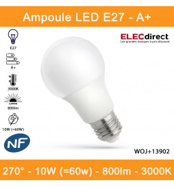 Spectrum - Ampoule LED E-27 - LED GLS 10W -  A+ - Angle 270° - 3000K - 800lm - Réf : WOJ+13902