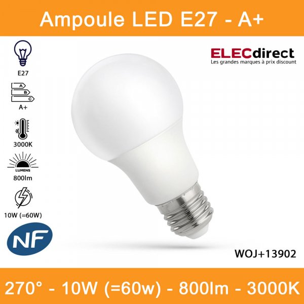 Spectrum - Ampoule LED E-27 - LED GLS 10W -  A+ - Angle 270° - 3000K - 800lm - Réf : WOJ+13902