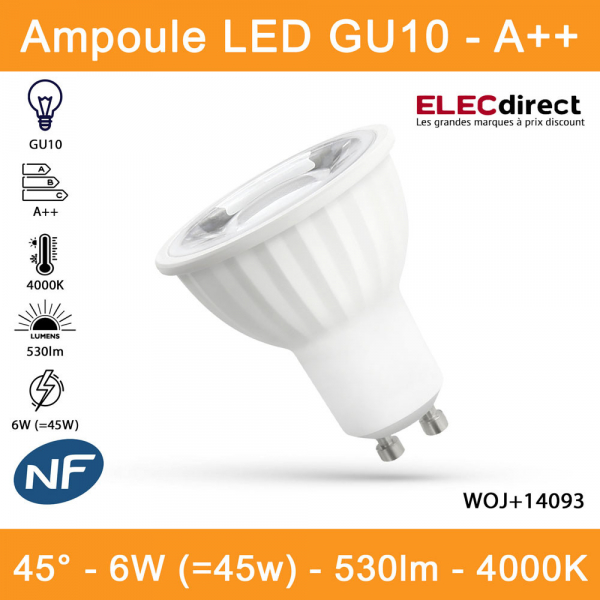 Spectrum - Ampoule LED GU10 6W -  A++ - Angle 45° - 4000K - 530lm - Réf : WOJ+14093