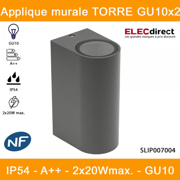 Spectrum - Applique murale extérieure - Torre GU10x2 bi-directionnelle gris - IP54, 2x20W max. - A++ - Réf : SLIP007004