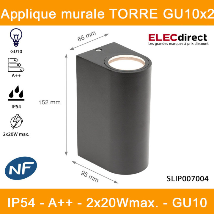 Spectrum - Applique murale extérieure - Torre GU10x2 bi-directionnelle gris - IP54, 2x20W max. - A++ - Réf : SLIP007004