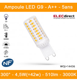 Spectrum - Ampoule LED G9 4,5W Premium -  A++ - Angle 300°, 3000K, 510lm, 50 000h - Réf : WOJ+14436