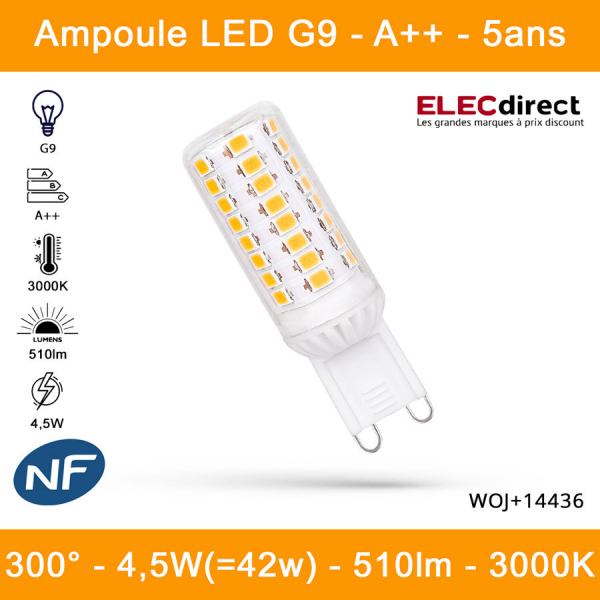 Spectrum - Ampoule LED G9 4,5W Premium -  A++ - Angle 300°, 3000K, 510lm, 50 000h - Réf : WOJ+14436