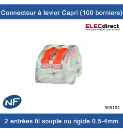 Capri - Connecteurs à levier 2 entrées pour fil rigide ou souple 0,5 à 4 mm (boite de 100 borniers) - Réf : 308102