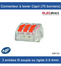 Capri - Connecteurs à levier 3 entrées pour fil rigide ou souple 0,5 à 4 mm (boite de 75 borniers) - Réf : 308103