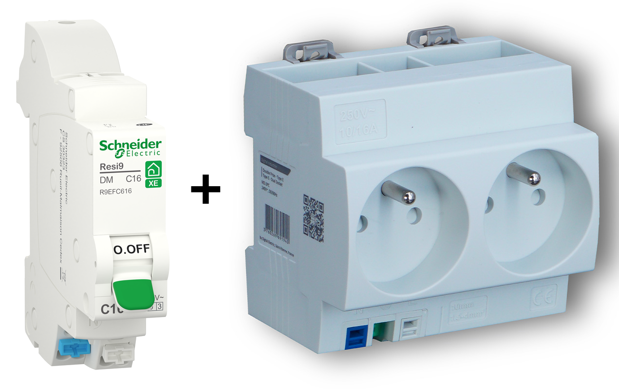 Lot disjoncteur Schneider R9EFC616 + prise modulaire Digital Electric 04564