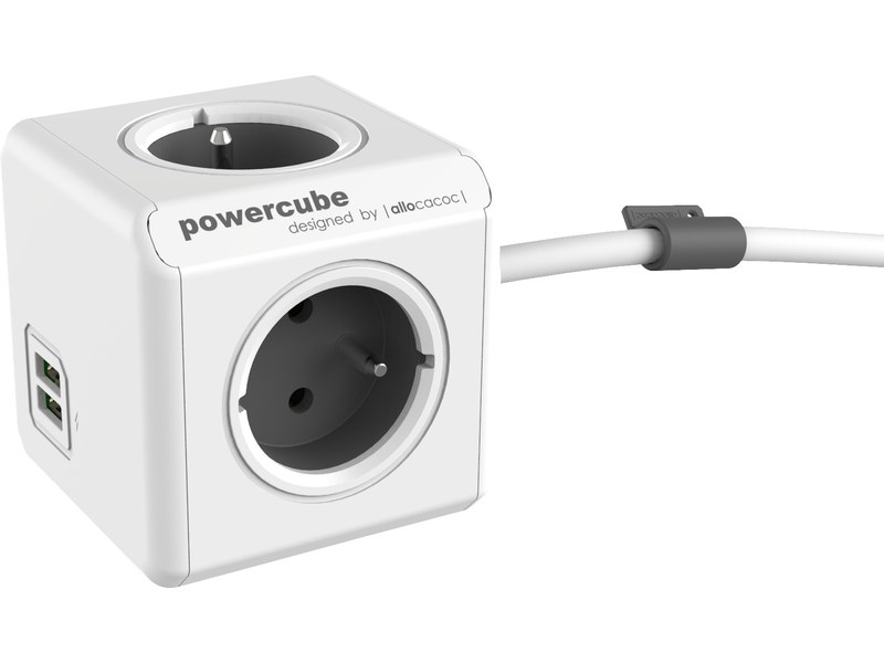 Allocacoc - Power cube 4 PC 2P+T 16A + 2 Prises USB 5V - Noir - Réf : 082217