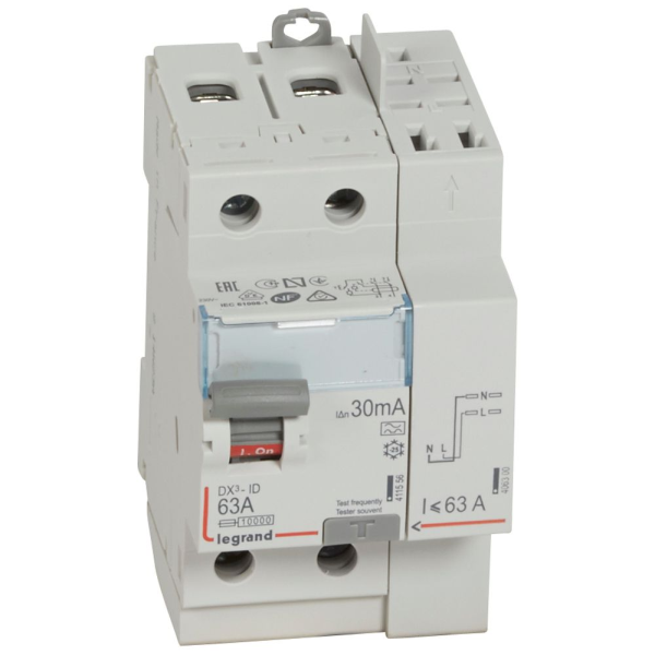 Legrand interrupteur différentiel DX3-ID 2P 63A type A 30mA réf 411639 vue face