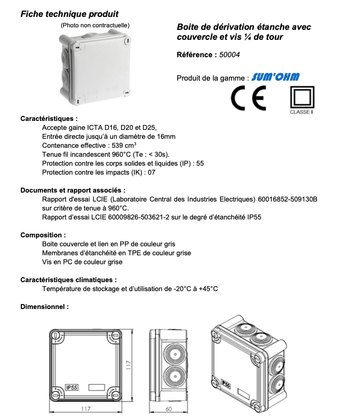 Eur'ohm - Boîte de dérivation étanche - IP55 - Couvercle avec vis 1/4 de  tour - 105x105x55 mm 