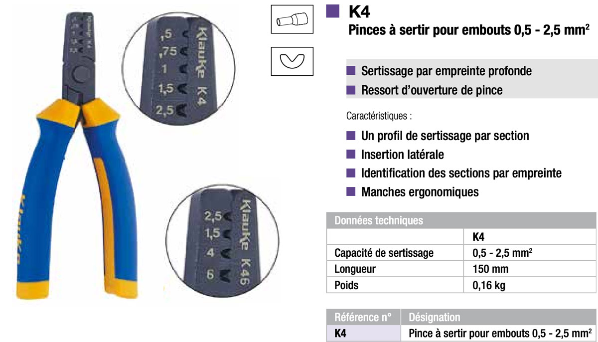 Pince à sertir pour embouts de câble de 0,5 à 2,5mm2 KLAUKE - K4