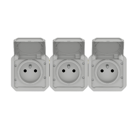 Plexo - triple prise de courant précâblée 3x2P+T horizontale étanche - 16A 250V - finition gris - Réf : 069564L - Vue de face