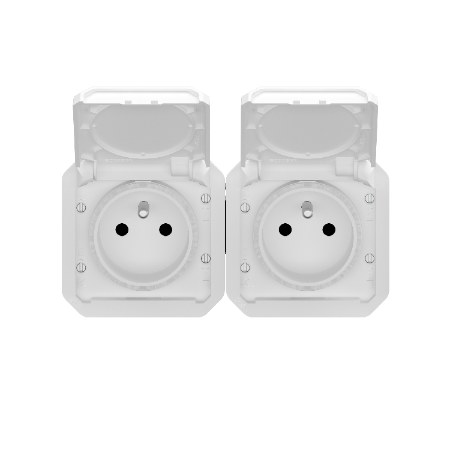 Plexo - double prise de courant précâblée 2x2P+T horizontale étanche - 16A 250V - finition blanc - Réf : 069642L - Vue de face