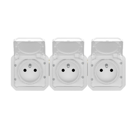 Plexo - triple prise de courant précâblée 3x2P+T horizontale étanche - 16A 250V - finition blanc - Réf : 069644L - Vue de face