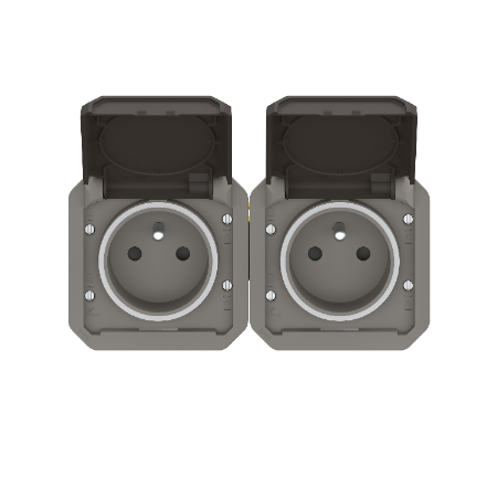 Plexo - double prise de courant précâblée 2x2P+T horizontale étanche - 16A 250V - finition anthracite - Réf : 069842L - Vue de face