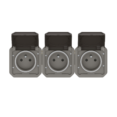 Plexo - triple prise de courant précâblée 3x2P+T horizontale étanche - 16A 250V - finition anthracite - Réf : 069844L - Vue de face