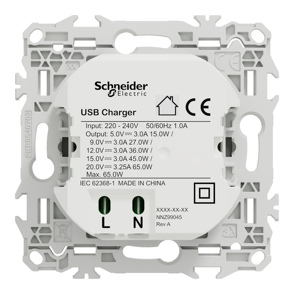 Schneider - Odace 2025 - LOT de 10 Chargeurs USB-C 65W - Forte puissance et charge rapide - Blanc craie - Réf : S920406 x 10 - Vue de dos