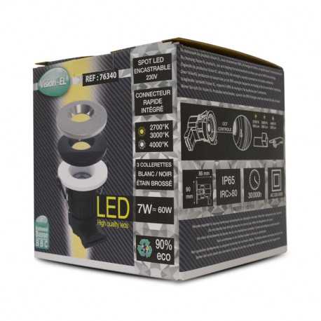 Miidex - Spot LED Ø67 blanc/noir/étain brossé - 7W - IP65 - BBC - Angle 75° - 2700 / 3000 / 4000°K - Réf : 76340